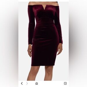 Xscape Off-Shoulder Velvet Dress in Deep Burgundy